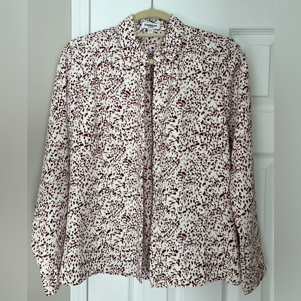 Express Portofino Red & White Abstract Print Button Down Blouse XS